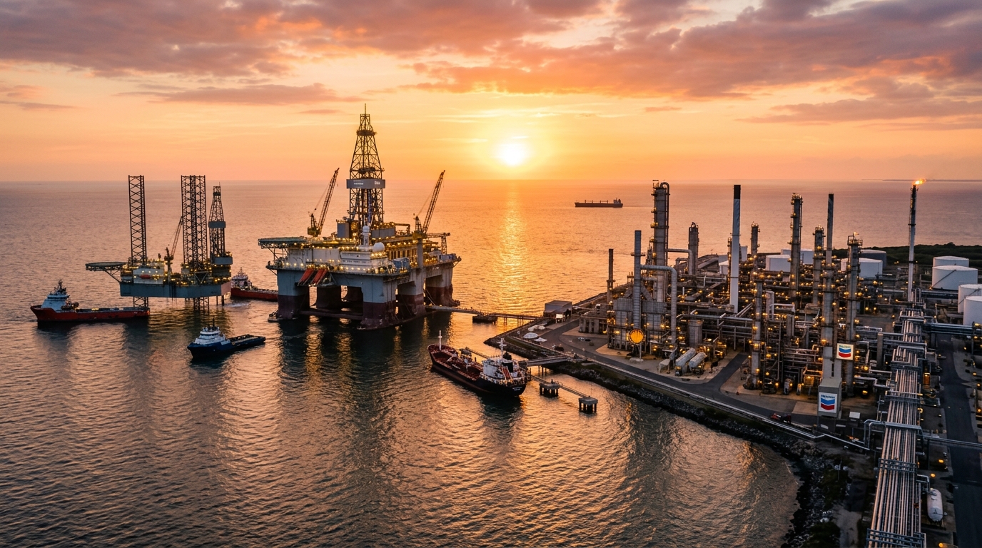 Oil refinery and drilling rigs at sunset